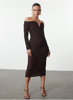 trendyol Brown Body-Smoothing Carmen Collar Knitted Dress TPRAW25EL00073  - Image 1