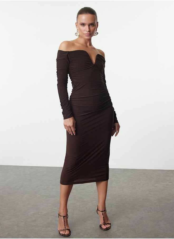 trendyol Brown Body-Smoothing Carmen Collar Knitted Dress TPRAW25EL00073  - Image 1