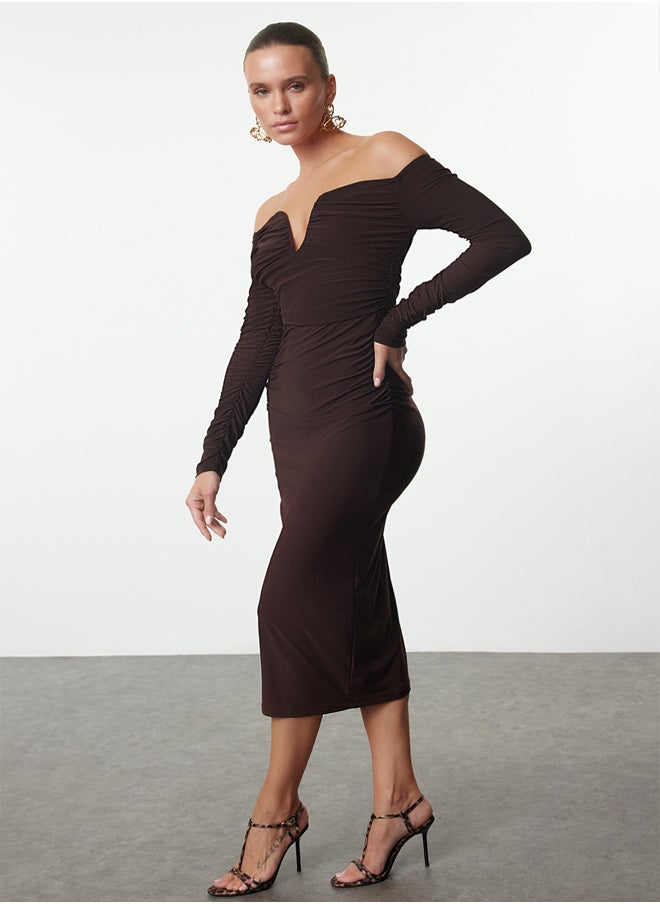trendyol Brown Body-Smoothing Carmen Collar Knitted Dress TPRAW25EL00073  - Image 2