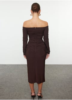 trendyol Brown Body-Smoothing Carmen Collar Knitted Dress TPRAW25EL00073  - Image 5