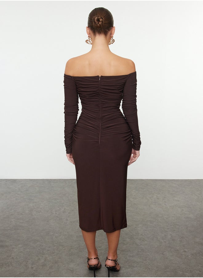 trendyol Brown Body-Smoothing Carmen Collar Knitted Dress TPRAW25EL00073  - Image 5