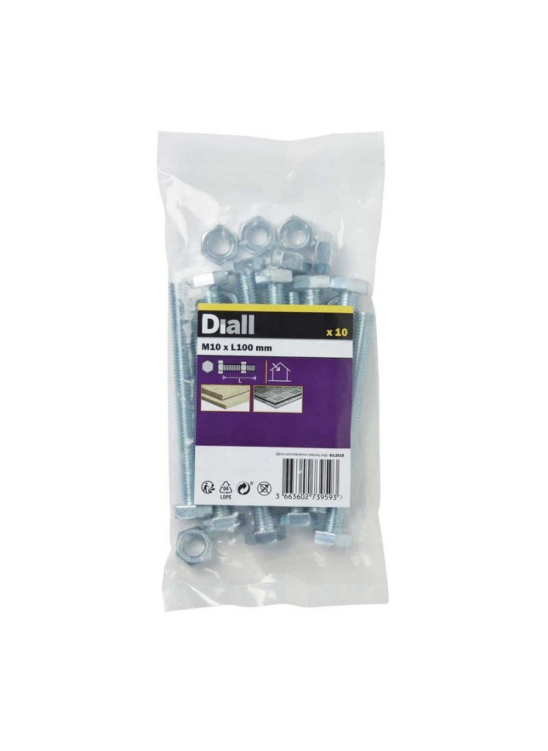 ACE Diall M10 Hex Carbon Steel Bolt And Nut 100mm 10Pcs 