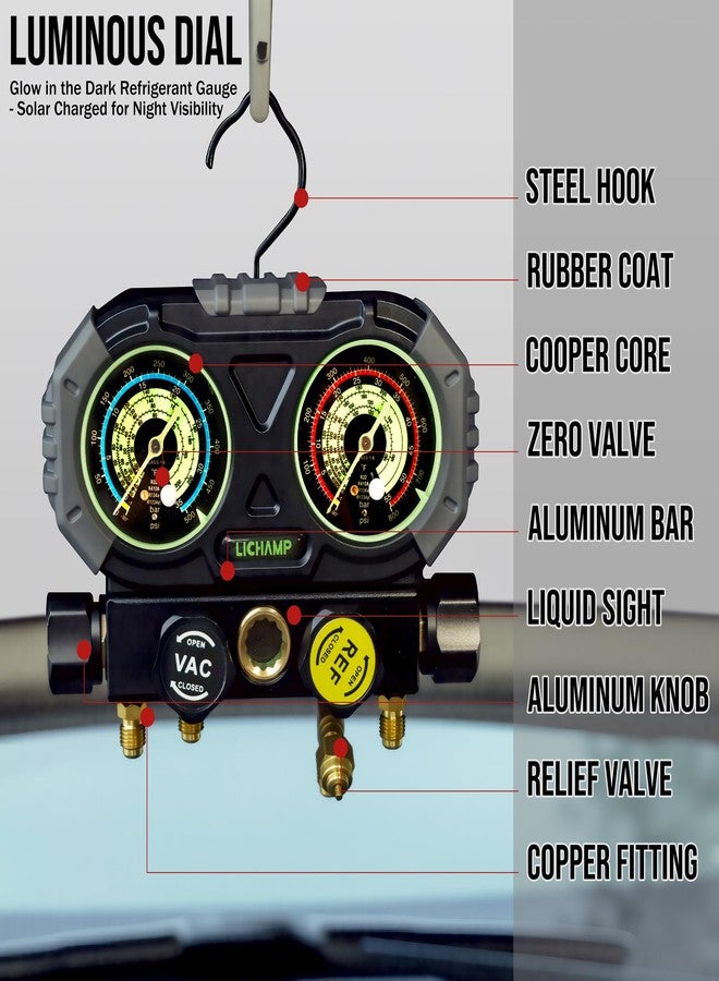 Lichamp HVAC Gauges with 5 FT Hoses, AC Manifold Gauge Set R134A R1234 R410A and R32 Refrigerant Gauges - Image 2