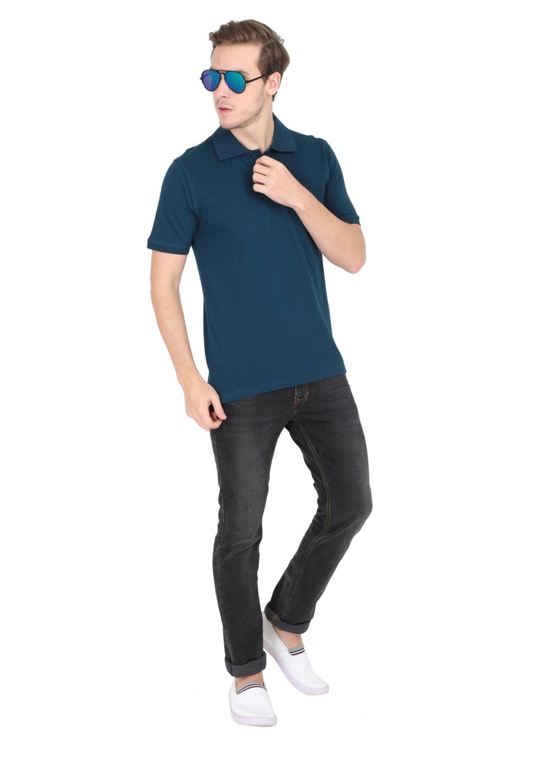 ملابس RSO تي شيرت بولو سادة بأكمام نصفية وياقة بولو للرجال من RSO Outfits - أزرق بترولي - Image 1