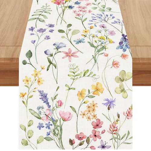 Jiudungs Watercolor Flowers Spring Table Runner Spring Summer Easter Flower Floral Home Kitchen Dining Room Table Decorations 13x72 Inch - Image 1