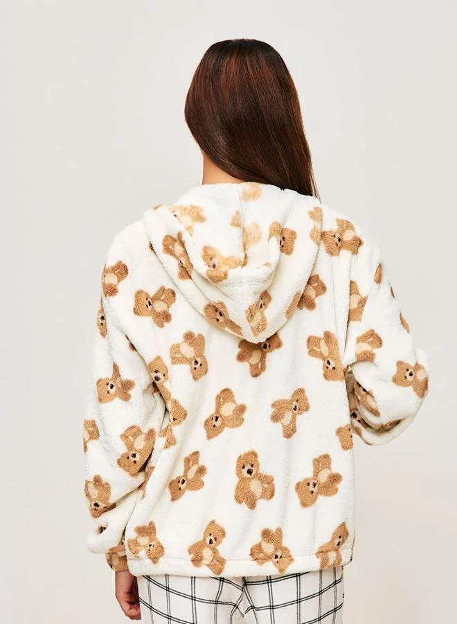 Undiz White Hooded bear print fleece jacket for Women | Best Price UAE