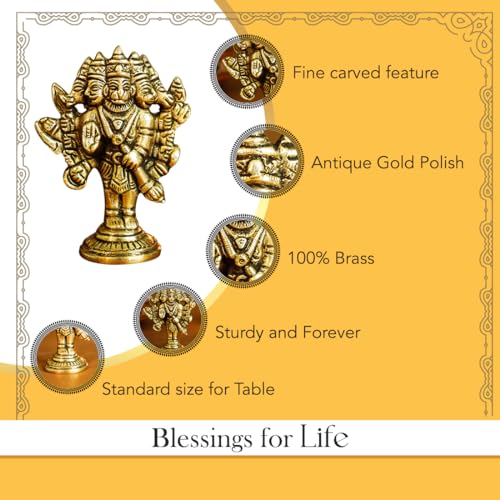 Ekhasa 100% Pure Brass Panchmukhi Hanuman (Size: 8 cm) | Panchmukhi Hanuman Murti for Door Entrance | Panch Mukhi Hanuman Ji for Car Dashboard | Vastu Protection from Evil Eye - Image 3