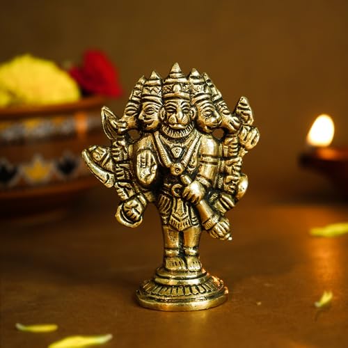 Ekhasa 100% Pure Brass Panchmukhi Hanuman (Size: 8 cm) | Panchmukhi Hanuman Murti for Door Entrance | Panch Mukhi Hanuman Ji for Car Dashboard | Vastu Protection from Evil Eye - Image 1