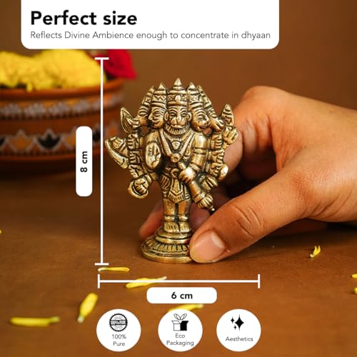 Ekhasa 100% Pure Brass Panchmukhi Hanuman (Size: 8 cm) | Panchmukhi Hanuman Murti for Door Entrance | Panch Mukhi Hanuman Ji for Car Dashboard | Vastu Protection from Evil Eye - Image 2
