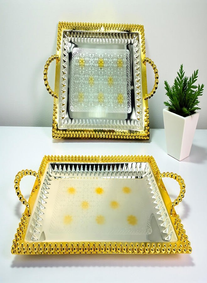 Lemon Tree 2Pc German Silver Plated Metal Rectangle Serving Tray Set in Gold Silver Finish Microwave & Dishwasher Safe for Serving Nuts, Dry Fruits, Savouries, Desserts, Snacks - Image 1