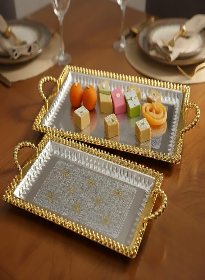 Lemon Tree 2Pc German Silver Plated Metal Rectangle Serving Tray Set in Gold Silver Finish Microwave & Dishwasher Safe for Serving Nuts, Dry Fruits, Savouries, Desserts, Snacks - Image 4