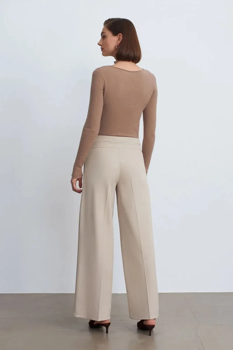Dilvin Stone Natural DILVIN High-Waist Wide-Leg Crepe Trousers for Women | Best Price UAE