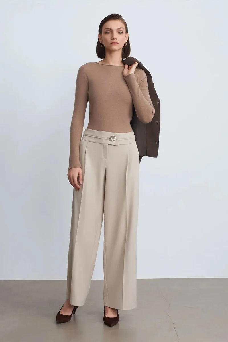 Dilvin Stone Natural DILVIN High-Waist Wide-Leg Crepe Trousers for Women | Best Price UAE