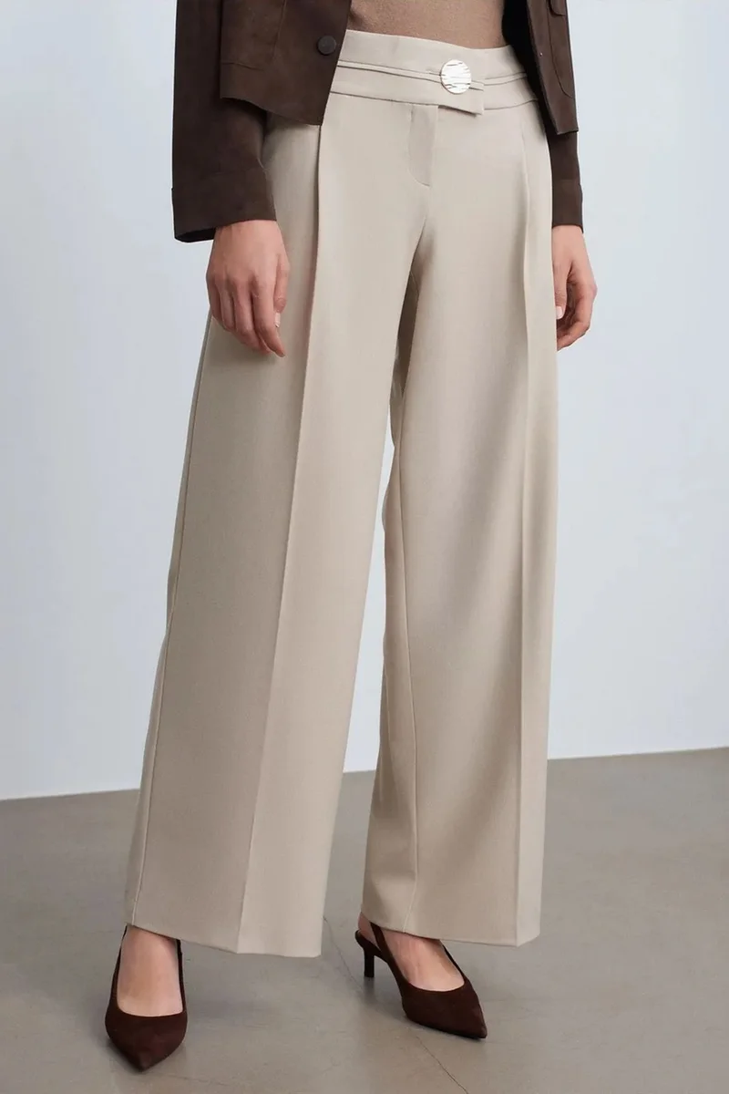 Dilvin Stone Natural DILVIN High-Waist Wide-Leg Crepe Trousers for Women | Best Price UAE