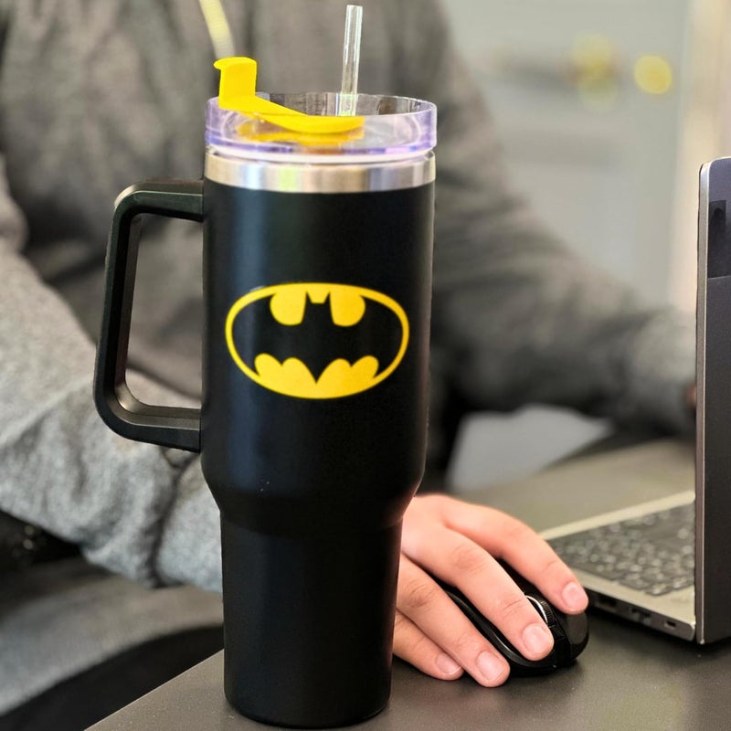 HOX Batman 40oz / 1200 ML Black Tumbler with Straw & Lid | Leak & Spill Proof Travel Mug | Stainless Steel Vacuum Insulated Water Bottle with Handle Keeps Cold for 17Hrs or Hot for 5Hrs - Image 4