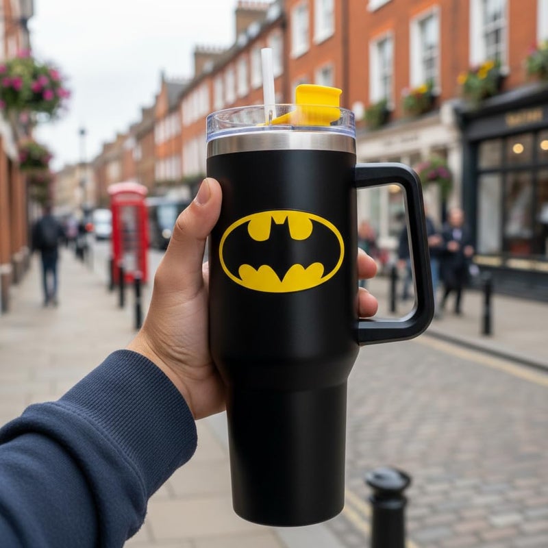 HOX Batman 40oz / 1200 ML Black Tumbler with Straw & Lid | Leak & Spill Proof Travel Mug | Stainless Steel Vacuum Insulated Water Bottle with Handle Keeps Cold for 17Hrs or Hot for 5Hrs - Image 2
