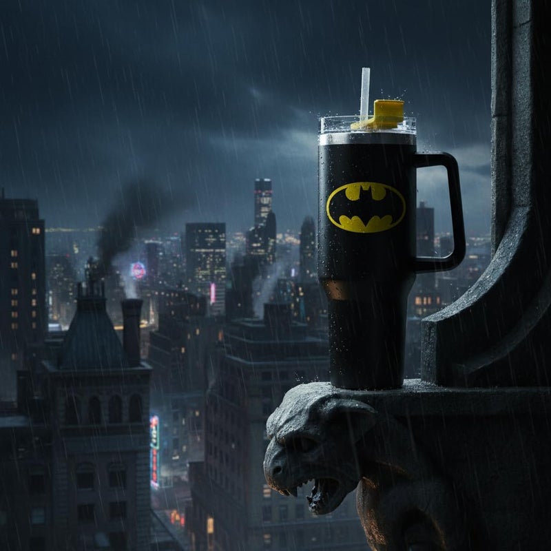HOX Batman 40oz / 1200 ML Black Tumbler with Straw & Lid | Leak & Spill Proof Travel Mug | Stainless Steel Vacuum Insulated Water Bottle with Handle Keeps Cold for 17Hrs or Hot for 5Hrs - Image 3