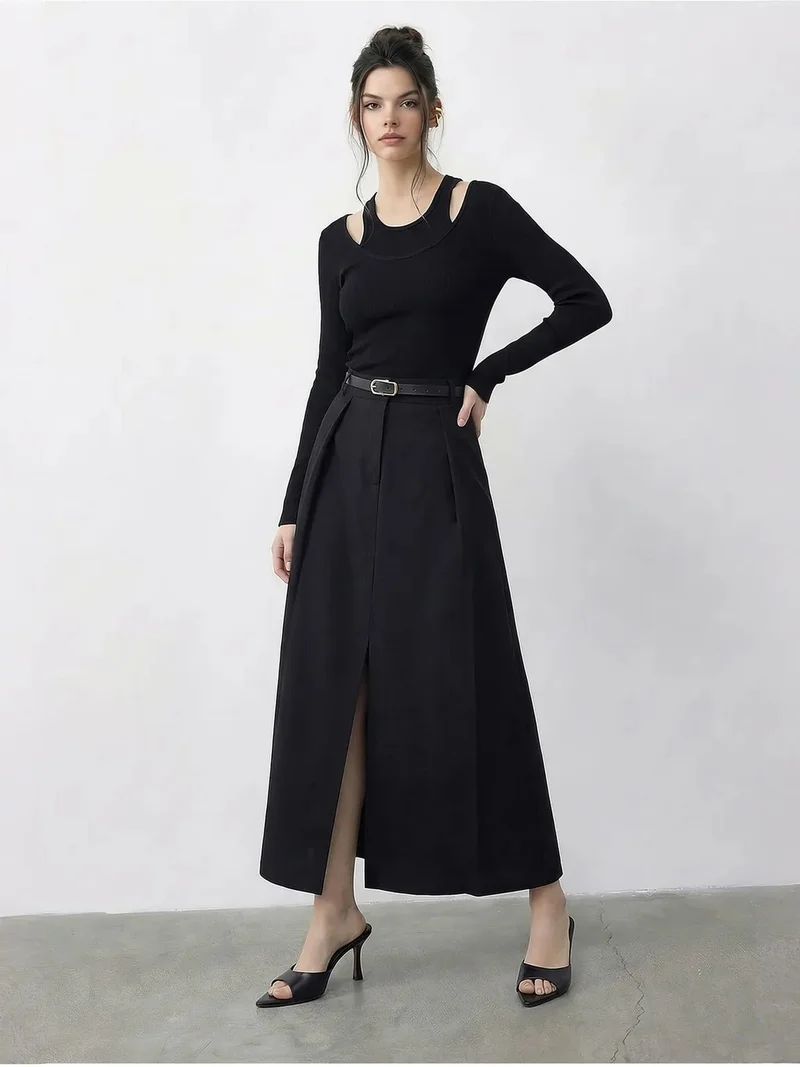 Bianco Lucci LUCCI High Waist Midi A-Line Skirt with Belt