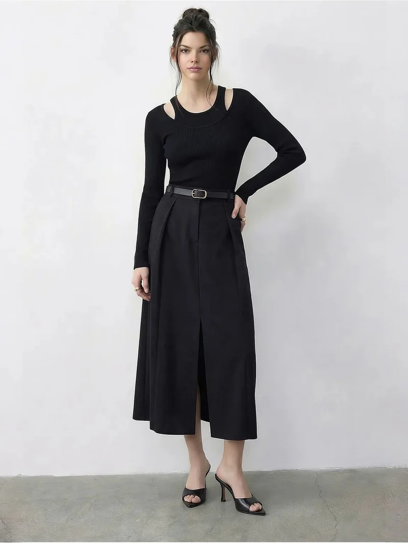 Bianco Lucci LUCCI High Waist Midi A-Line Skirt with Belt