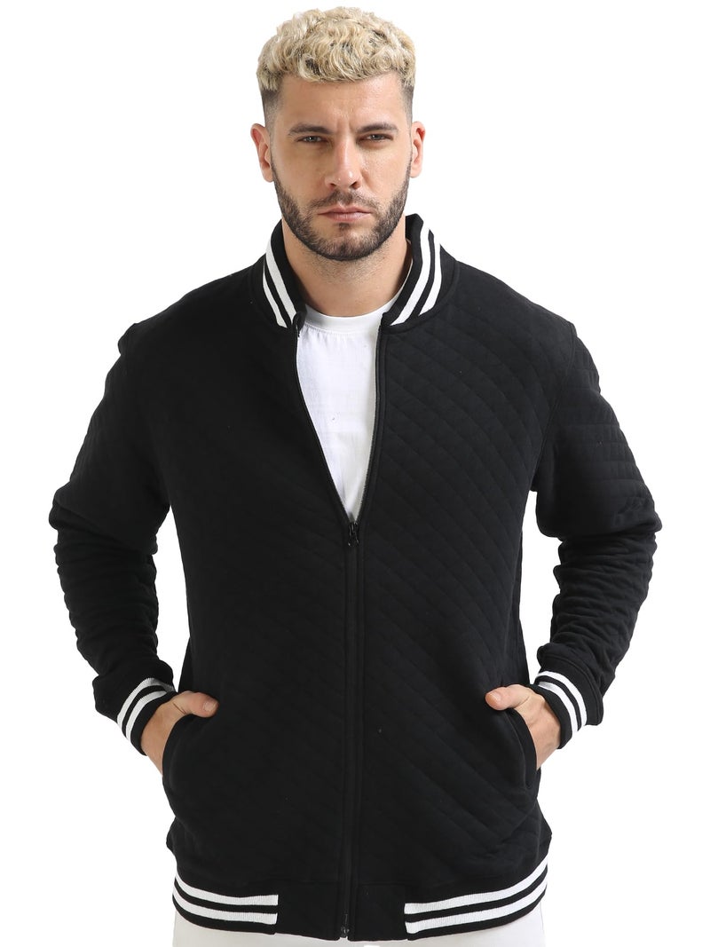 fanideaz Cotton Diamond Cut Standard Length Bomber Jackets With Sleeve Pocket For Mens_Black_X Large - Image 1