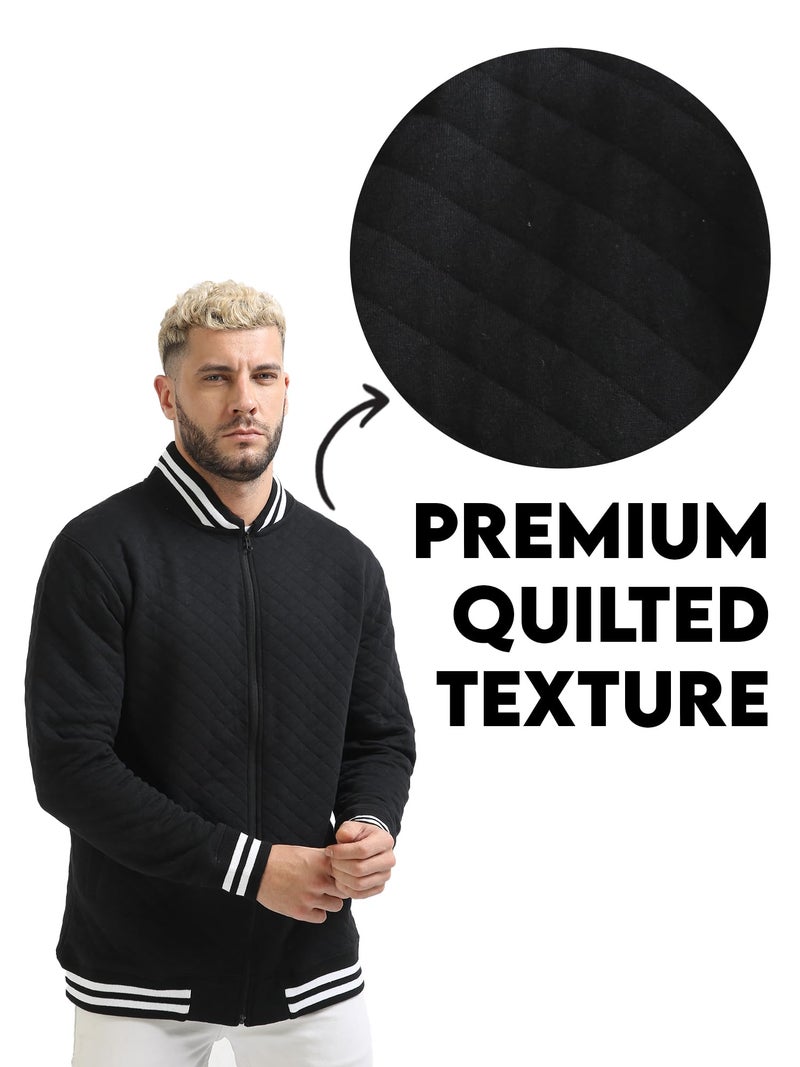 fanideaz Cotton Diamond Cut Standard Length Bomber Jackets With Sleeve Pocket For Mens_Black_X Large - Image 2