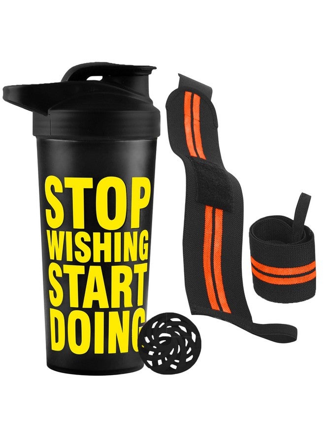 FIT FOCUS Stop Wishing Gym Shaker for Protein Shake Leak-proof Shaker Bottles for Protein With Wrist support band, Protein Shaker Bottle for Gym with wrist supporter band for Men and Women. (Yellow) - Image 1