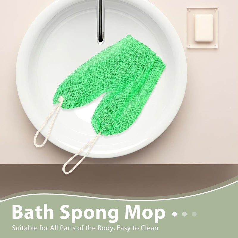 Uonlytech 2pcs Exfoliating Net Body Scrub Sponge Set 35x60cm Back Bath Scrubber for Shower Dead Skin Removal with Drawstring, Military Green - Image 3