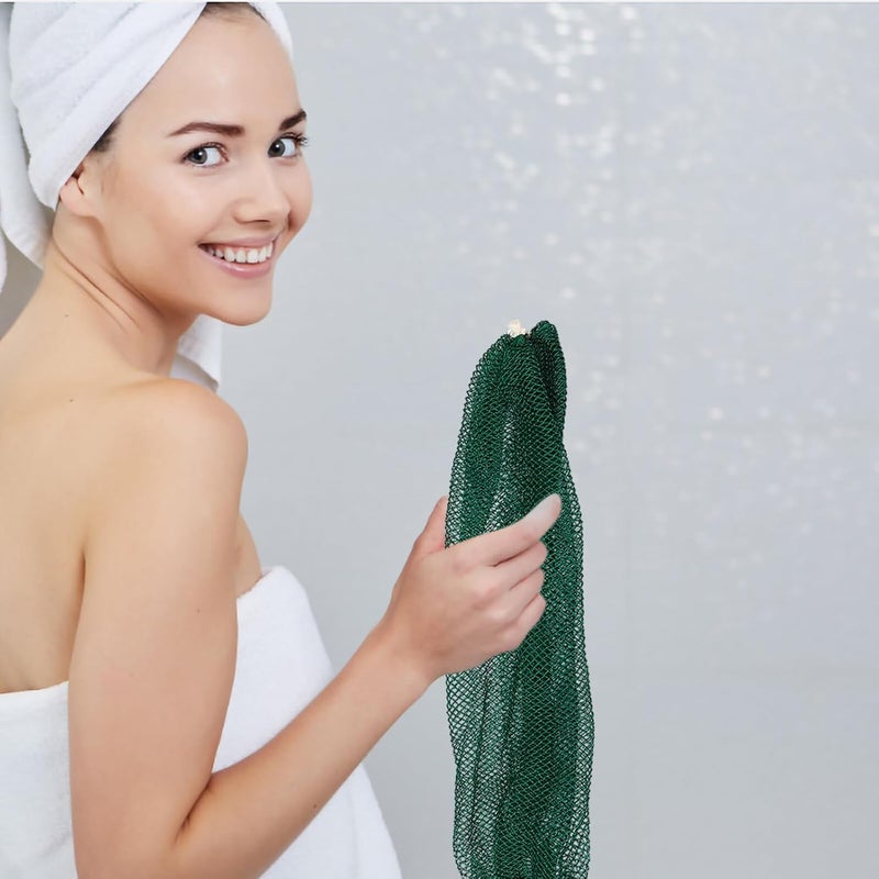 Uonlytech 2pcs Exfoliating Net Body Scrub Sponge Set 35x60cm Back Bath Scrubber for Shower Dead Skin Removal with Drawstring, Military Green - Image 5
