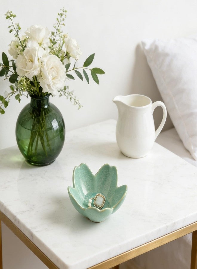 Mecaikru Flower Jewelry Tray Ceramic Ring Dish Jewelry Dish Small Trinket Tray Cute Ring Holder Key Bowl Decorative Plate Gifts For Mom/Sister/Friend, Birthday/Mother's Day/Christmas Gift (dark green) - Image 3