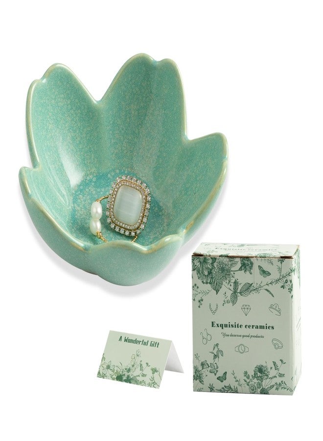 Mecaikru Flower Jewelry Tray Ceramic Ring Dish Jewelry Dish Small Trinket Tray Cute Ring Holder Key Bowl Decorative Plate Gifts For Mom/Sister/Friend, Birthday/Mother's Day/Christmas Gift (dark green) - Image 1