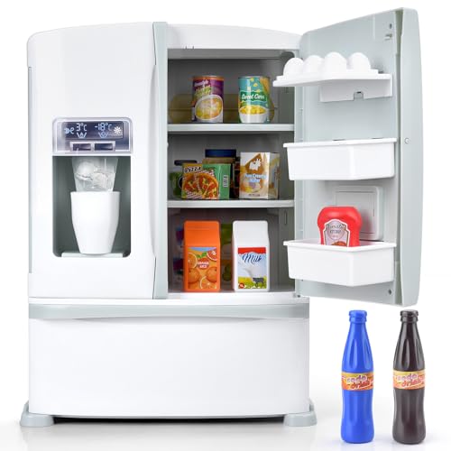 PLAY Refrigerator Toy Fridge with Ice Dispenser Kids Pretend Play Kitchen Accessories with Toy Food Drink Bottles Milk Cans Play Kitchen Appliances Set for Girls Age 3 White - Image 1