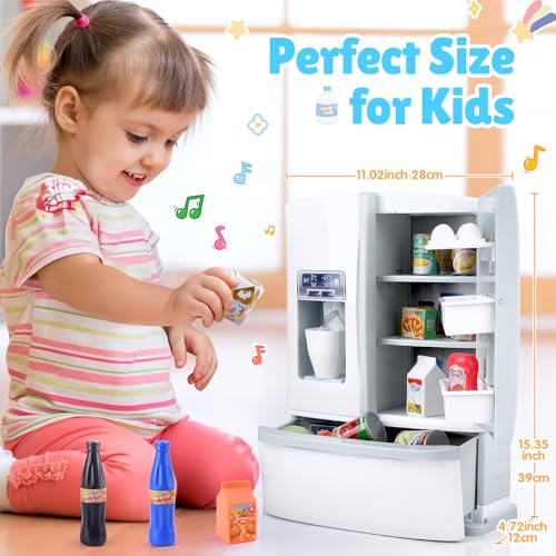 PLAY Refrigerator Toy Fridge with Ice Dispenser Kids Pretend Play Kitchen Accessories with Toy Food Drink Bottles Milk Cans Play Kitchen Appliances Set for Girls Age 3 White - Image 5
