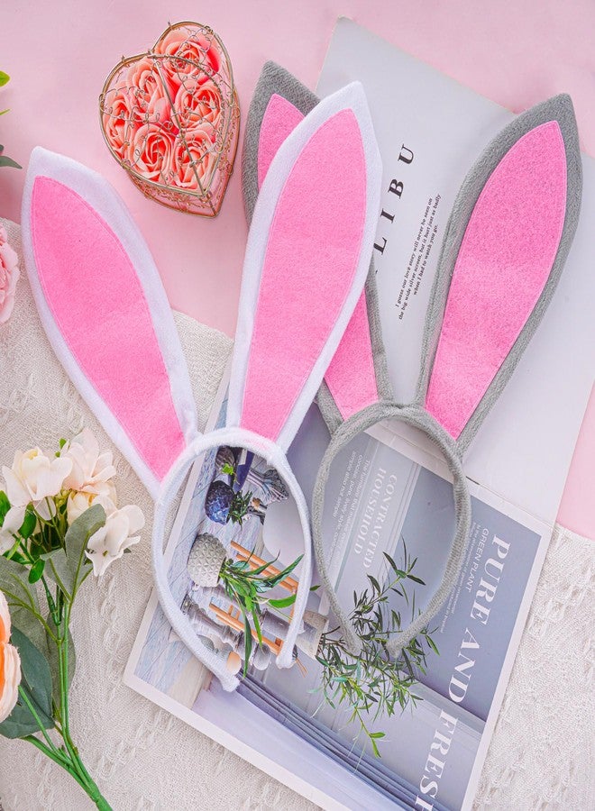SUMERSHA 2Pcs Easter Bunny Ears Headbands for Women Rabbit Ear Headband Easter Cosplay Hairbands Halloween Costume Headband (White, Gray) - Image 4