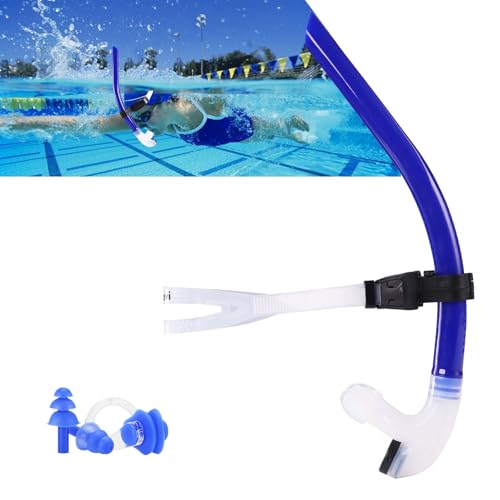 Focevi Swim Snorkel for Lap SwimmingNo Loud gurgling Noise No Hurt Forehead No Slip Swimming Snorkeling Training for AdultYouthSwimmer Snorkle Center Mount Snorkel OneWay Purge Valve Blue - Image 1