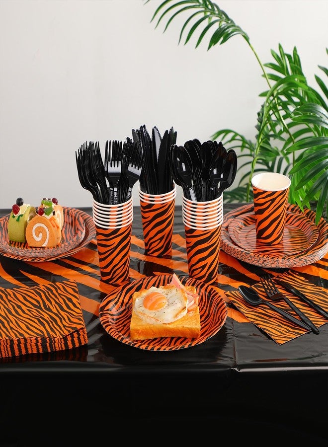 Oudain 162 Pcs Tiger Plates Party Decorations Tiger Birthday Tableware Safari Animal Jungle Party Supplies Animal Tablecloth Paper Plate Cup Napkin Fork for Baby Shower Birthday - Image 2