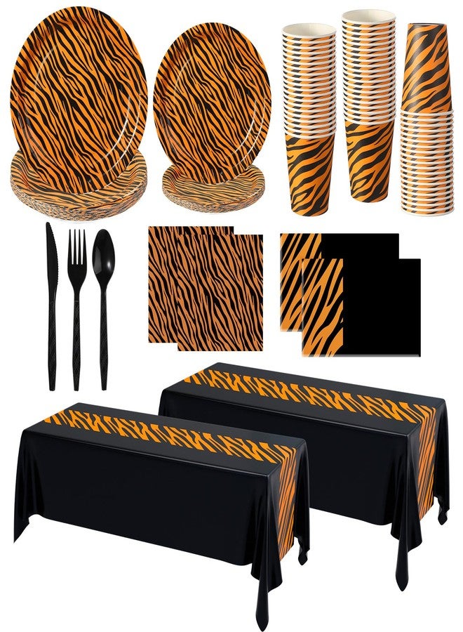Oudain 162 Pcs Tiger Plates Party Decorations Tiger Birthday Tableware Safari Animal Jungle Party Supplies Animal Tablecloth Paper Plate Cup Napkin Fork for Baby Shower Birthday - Image 1