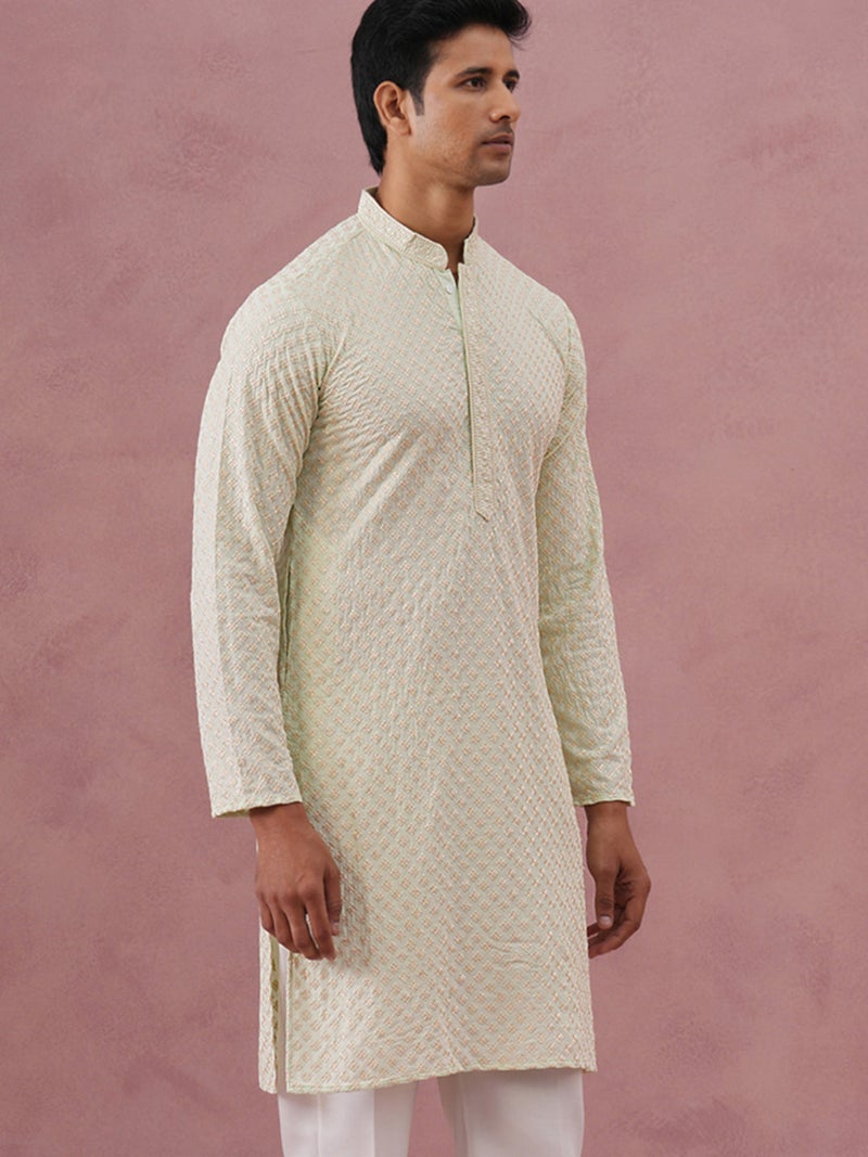 NOZ2TOZ Pista Green Embroidered Kurta for Men - Image 4