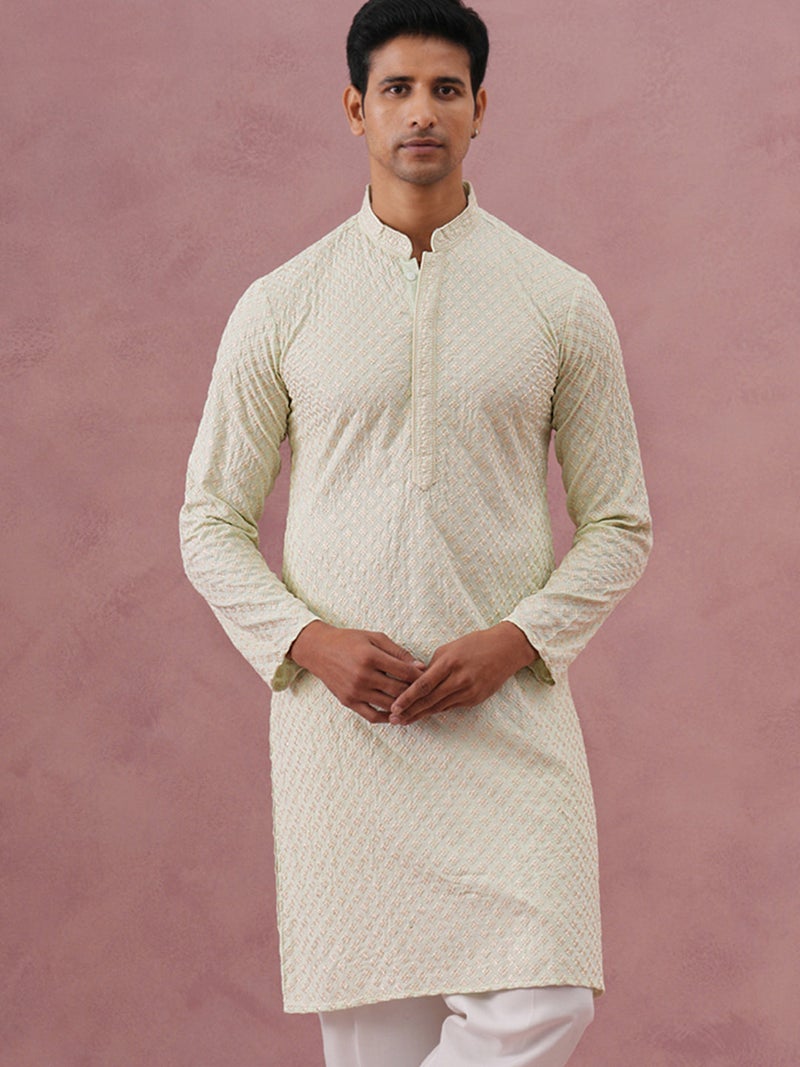 NOZ2TOZ Pista Green Embroidered Kurta for Men - Image 5