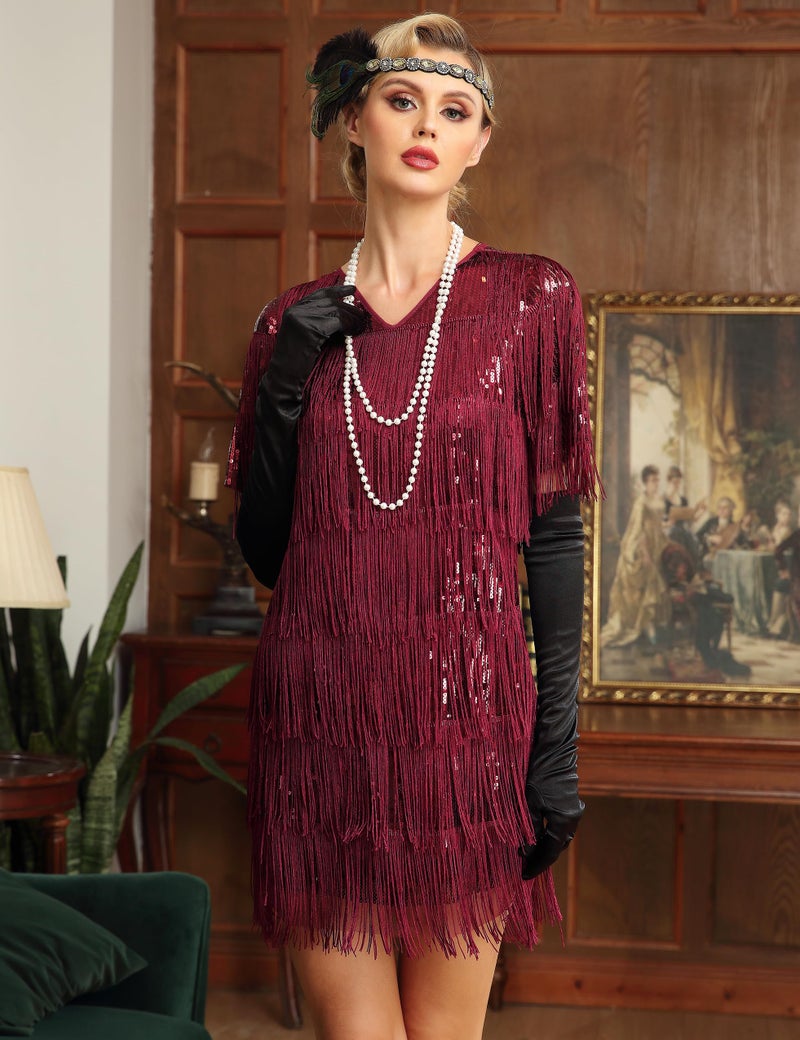 PrettyGuide Women's 1920s Dress Long Fringed Sequin Gatsby Dress with Sleeves Flapper Costume Burgundy US6 - Image 3