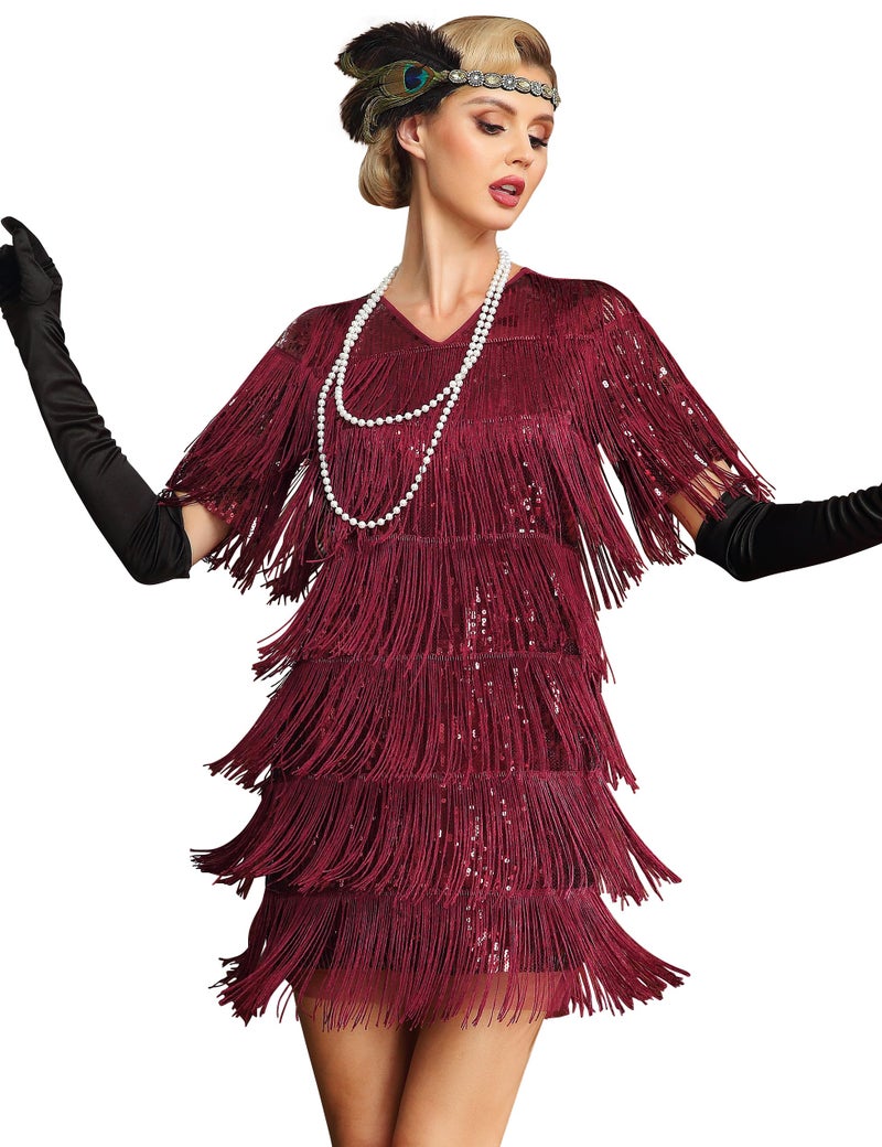 PrettyGuide Women's 1920s Dress Long Fringed Sequin Gatsby Dress with Sleeves Flapper Costume Burgundy US6 - Image 1