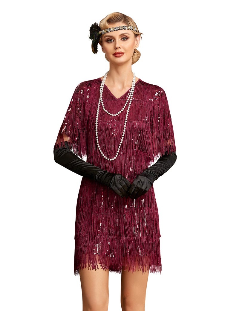 PrettyGuide Women's 1920s Dress Long Fringed Sequin Gatsby Dress with Sleeves Flapper Costume Burgundy US6 - Image 2