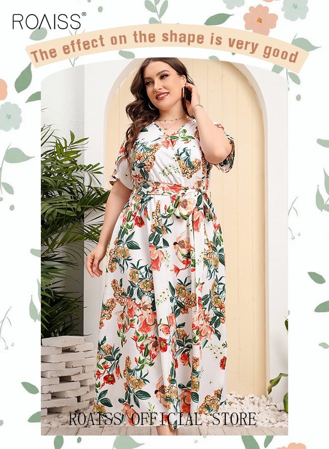 roaiss Women's Large Size Floral Print Dress with Waist Belt Midi Long Dress High Waist Design V-Neck Short Sleeve Waist Tie Ruffle Dresses for Casual Dating Party White  - Image 4