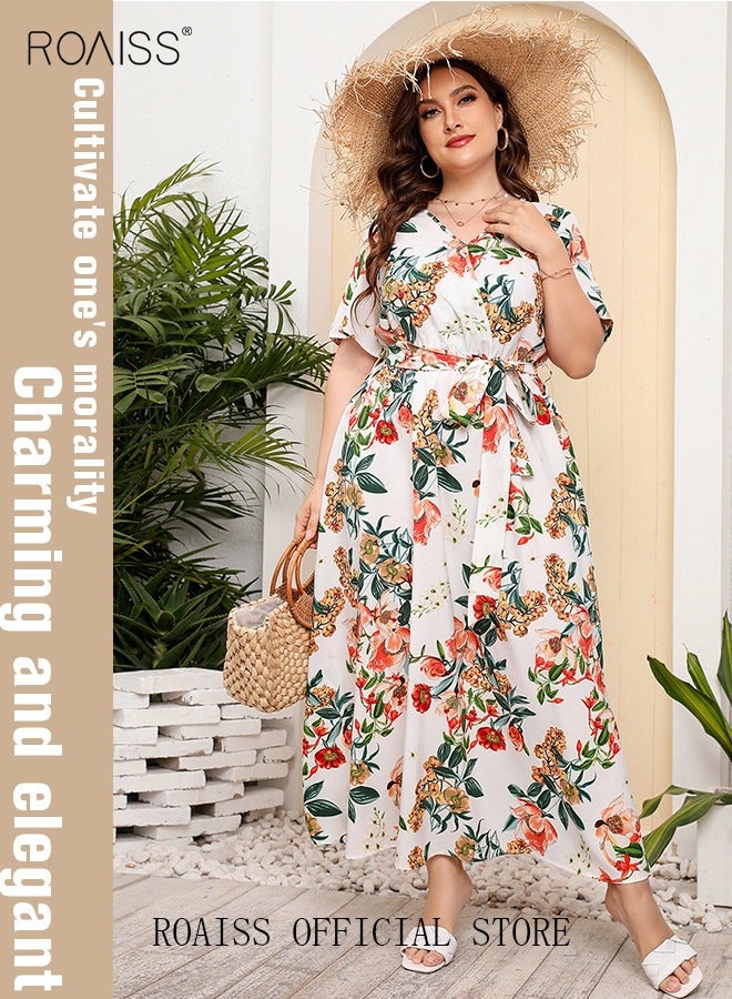 roaiss Women's Large Size Floral Print Dress with Waist Belt Midi Long Dress High Waist Design V-Neck Short Sleeve Waist Tie Ruffle Dresses for Casual Dating Party White  - Image 3