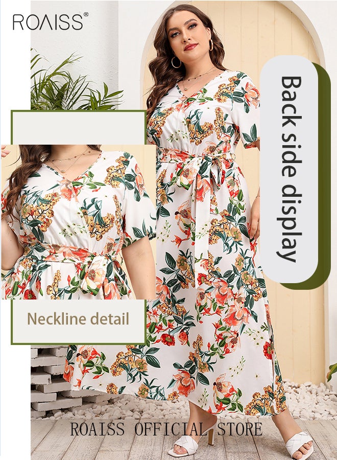 roaiss Women's Large Size Floral Print Dress with Waist Belt Midi Long Dress High Waist Design V-Neck Short Sleeve Waist Tie Ruffle Dresses for Casual Dating Party White  - Image 5
