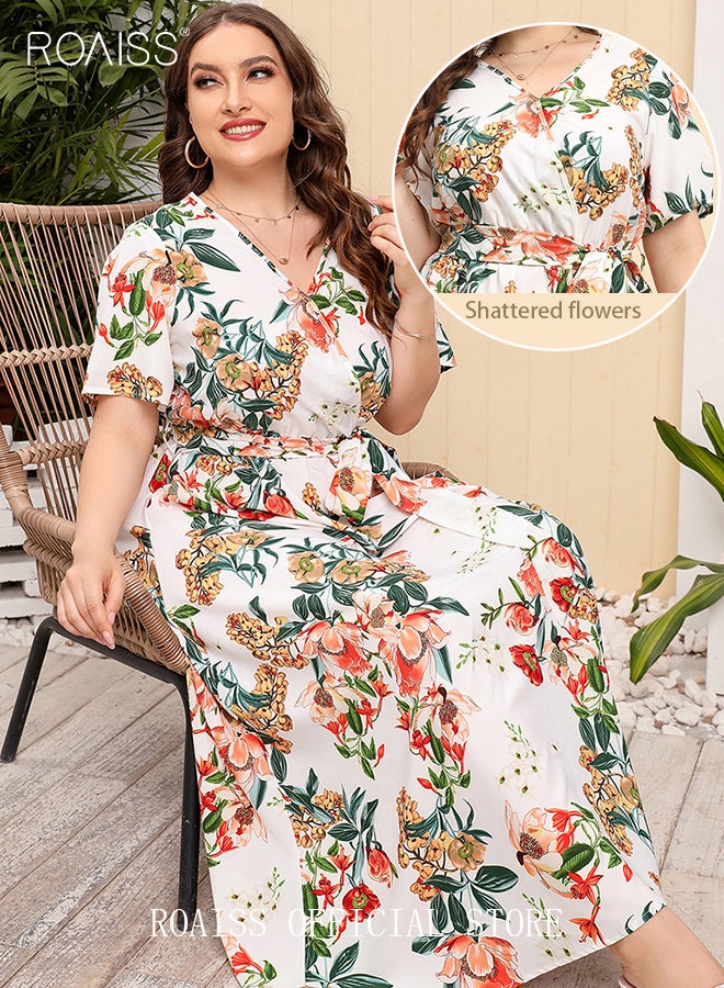 roaiss Women's Large Size Floral Print Dress with Waist Belt Midi Long Dress High Waist Design V-Neck Short Sleeve Waist Tie Ruffle Dresses for Casual Dating Party White  - Image 1