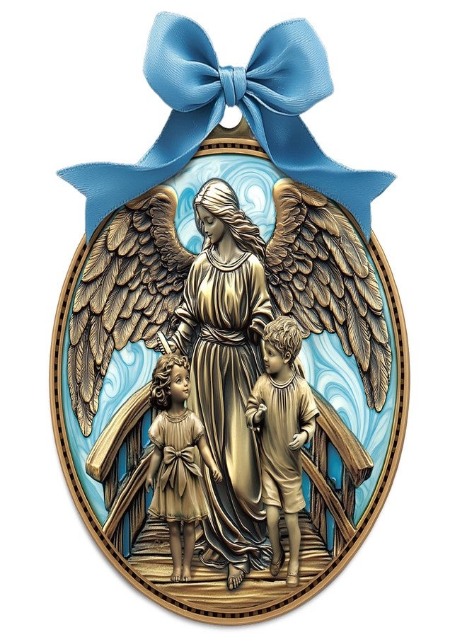 Misdary Guardian Angel Crib Medal Blue Ribbon Round Religious Decor for Baby Nursery Baptism Christening Gift Keepsake Gift, 3 Inch - Image 1