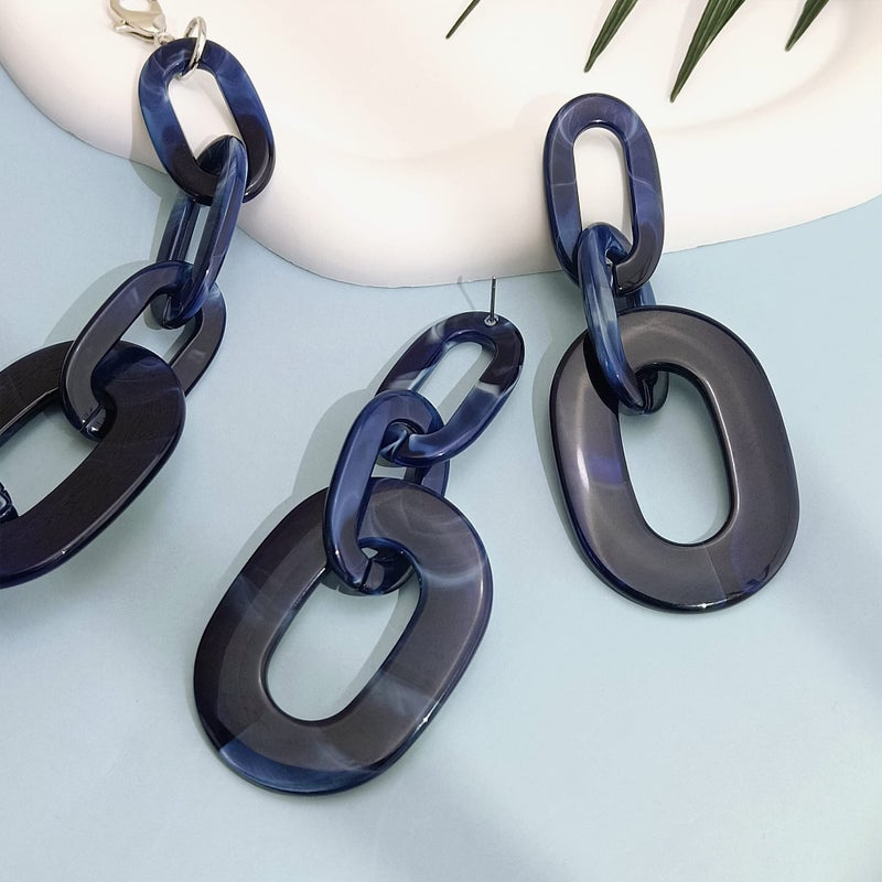 Bocar Acrylic Chunky Statement Necklace for Women Cube Link Chain Collar Necklace and Hoop Earrings Costome Jewelry Set (NK-10667-Navy Blue) - Image 5