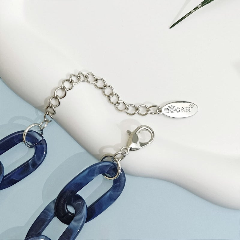 Bocar Acrylic Chunky Statement Necklace for Women Cube Link Chain Collar Necklace and Hoop Earrings Costome Jewelry Set (NK-10667-Navy Blue) - Image 4