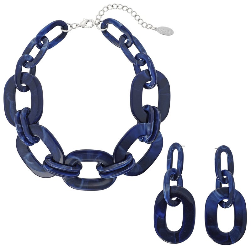 Bocar Acrylic Chunky Statement Necklace for Women Cube Link Chain Collar Necklace and Hoop Earrings Costome Jewelry Set (NK-10667-Navy Blue) - Image 1