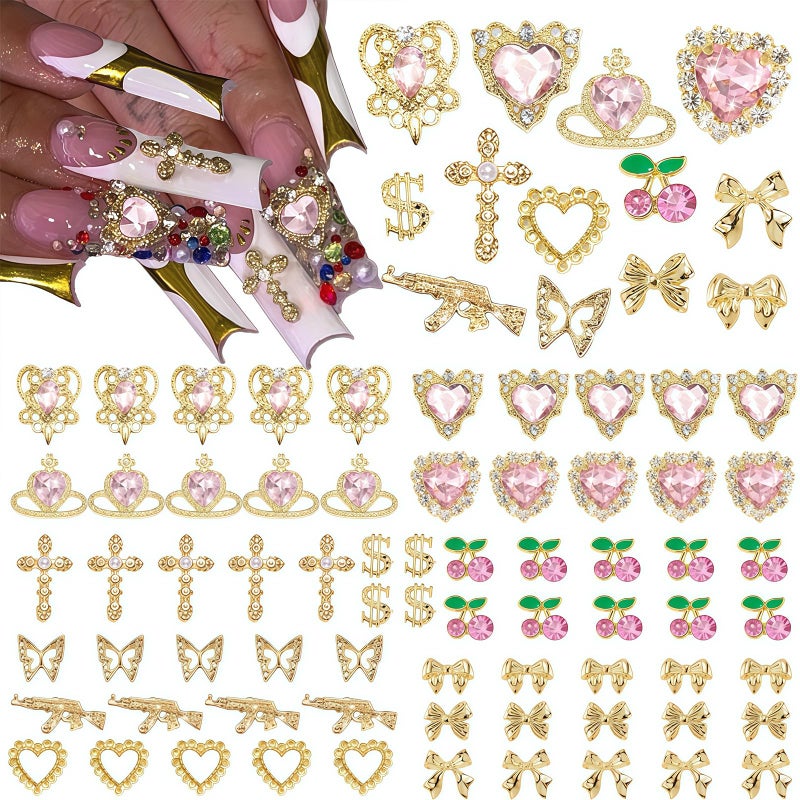 Pizadix 110 Pcs Gold Pink Nail Charms Y2K with Heart, Cherries, Bows, Butterflies, Guns, Crosses, Dollars - Image 1